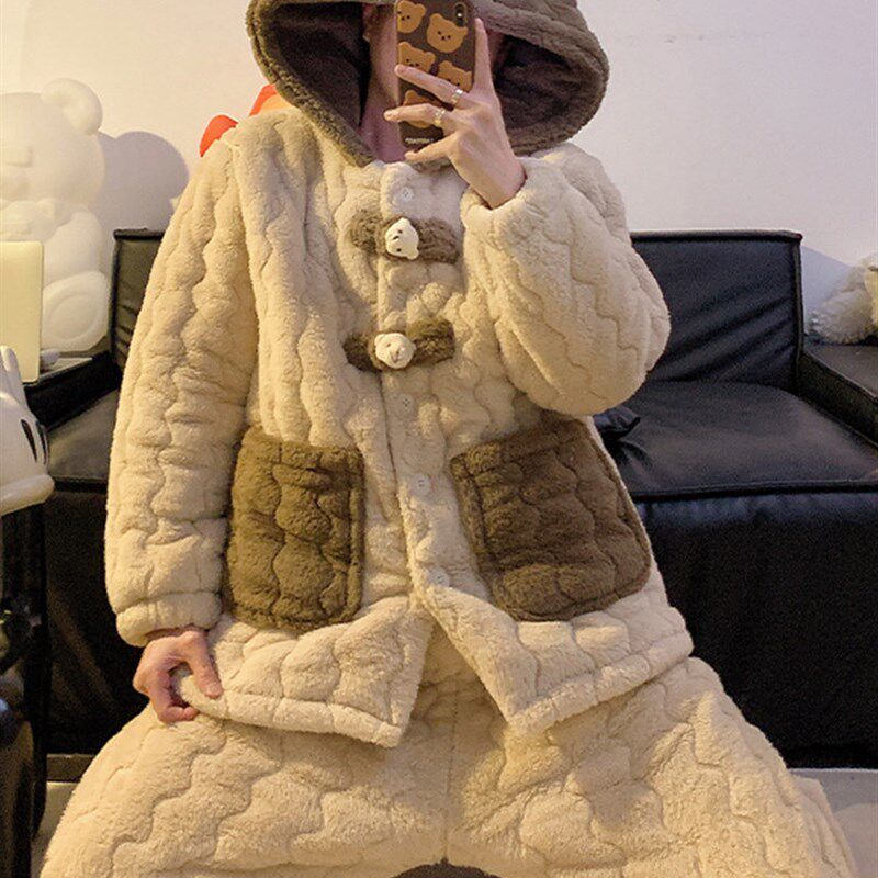 新品冬季睡衣男款珊瑚绒三层夹棉袄连帽新中式套装保暖.男士卡通