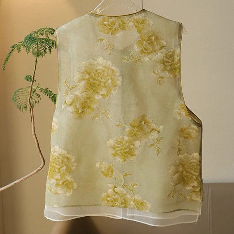 新品欧根纱新中式马甲女款夏季薄款上衣无袖N国风马夹背心唐装盘