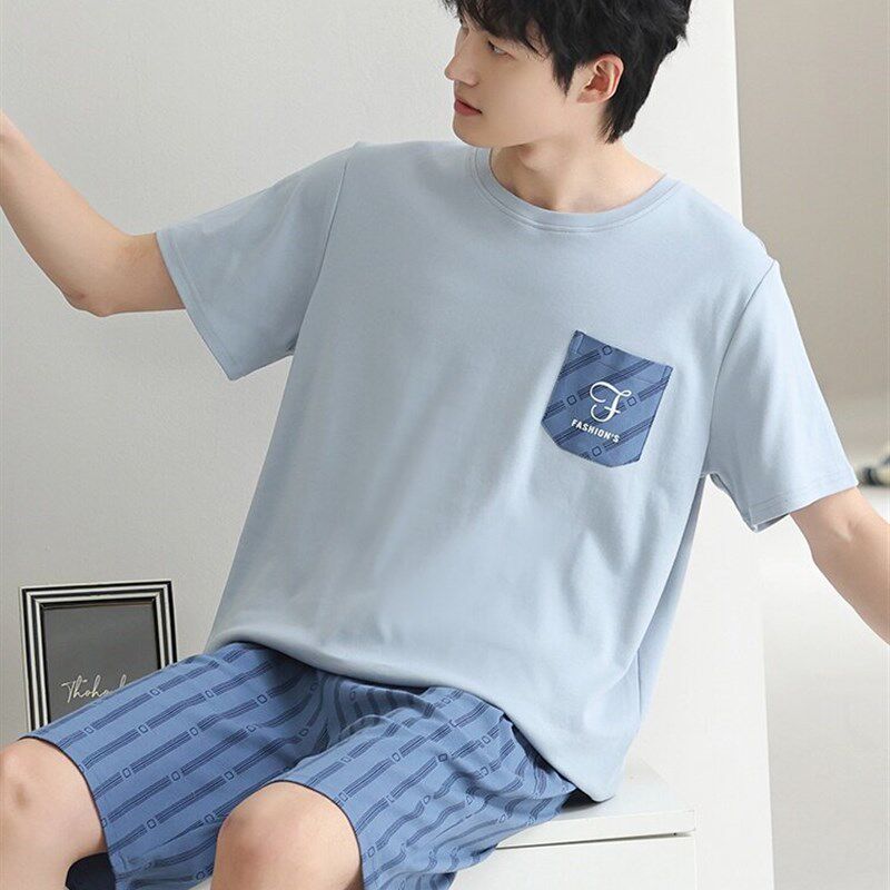 新品三件套睡衣纯棉男款夏季短袖青少年家H居服薄款全棉套装2025