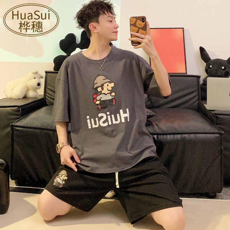 新品睡衣男夏季纯棉短袖卡通马里奥青F少年夏天薄款大码学生家居