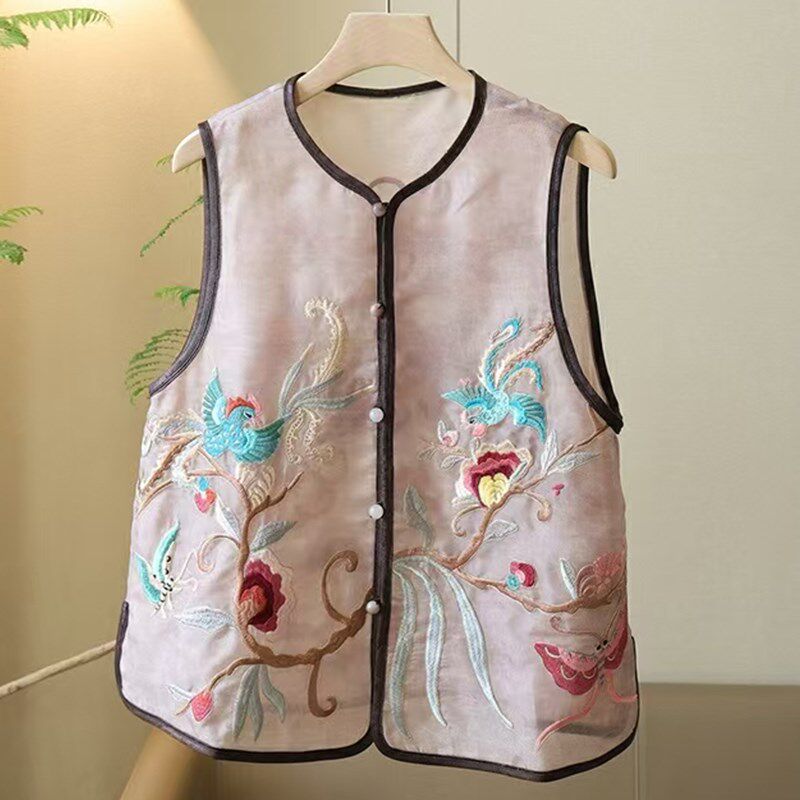 新品欧根纱d国风马甲坎肩女夏季重工刺绣背心女款唐装绣花新中式