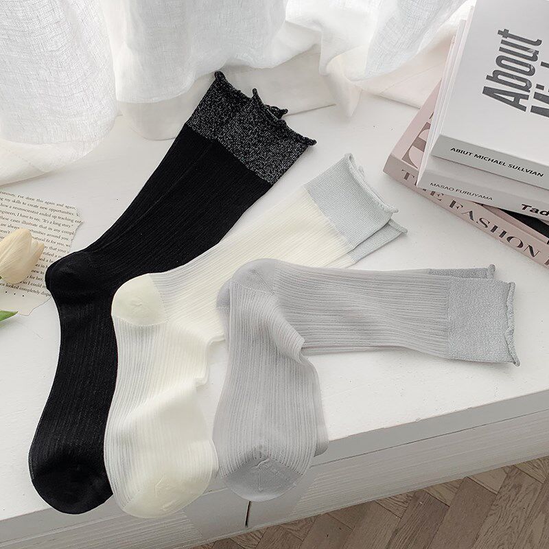 新品芭蕾风袜子女玻璃丝长袜夏天B薄款网红丝袜女款半透明卷边银