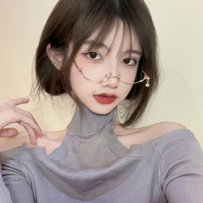 日系无镜片网红下半框复古链条个C性无上框装饰眼镜弧形框架女半