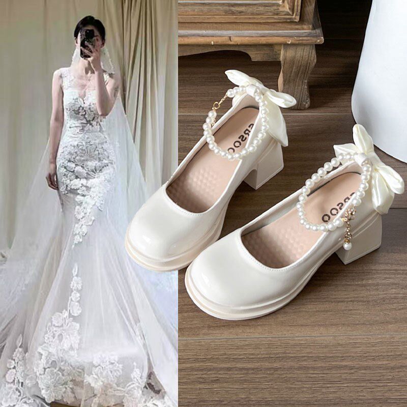 新品白色小c个子粗跟高跟鞋女婚鞋婚礼主婚纱神器增高玛丽珍新娘
