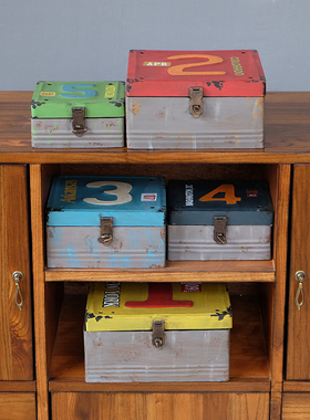 极速复古乡村铁艺桌面收纳盒v 收纳摆件摄影道具箱 创意桌面储物