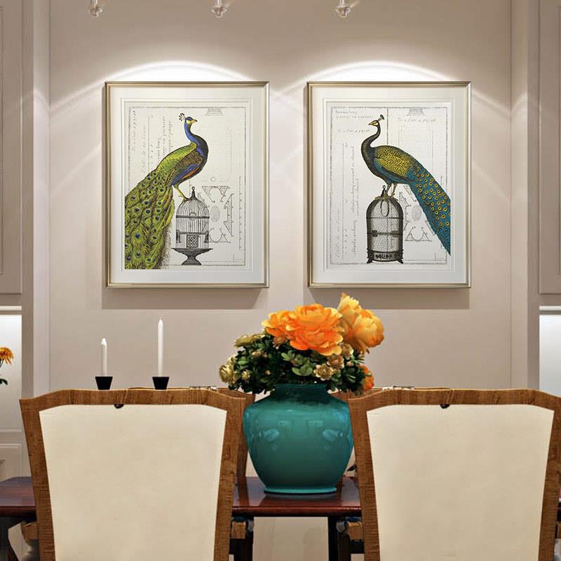 美式轻奢餐厅背景画简约美式玄关挂画简美复古客厅孔雀装饰画