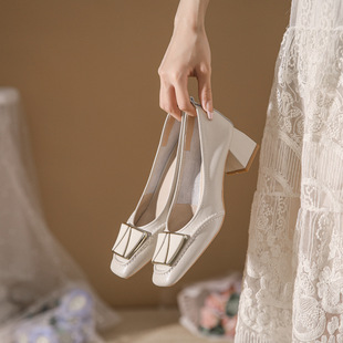 裸色高跟鞋 5230 方头软皮软底奶奶鞋 女粗跟2022秋冬新款 2真皮单鞋