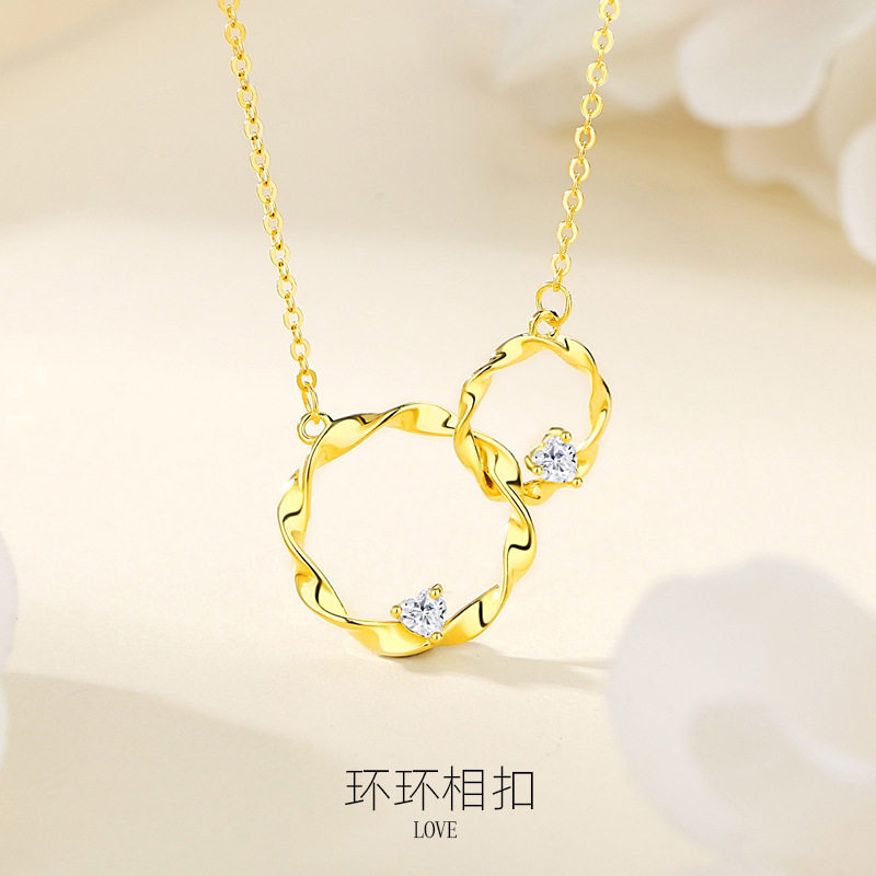 环环相扣S999纯银项链女欧美风小众设计感时尚简约双环锁骨链