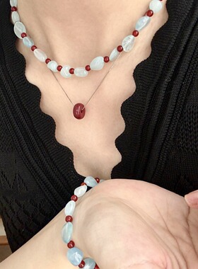 夏季百搭红蓝色系天然海蓝宝红玛瑙串珠项链手链撞色设计新中式风