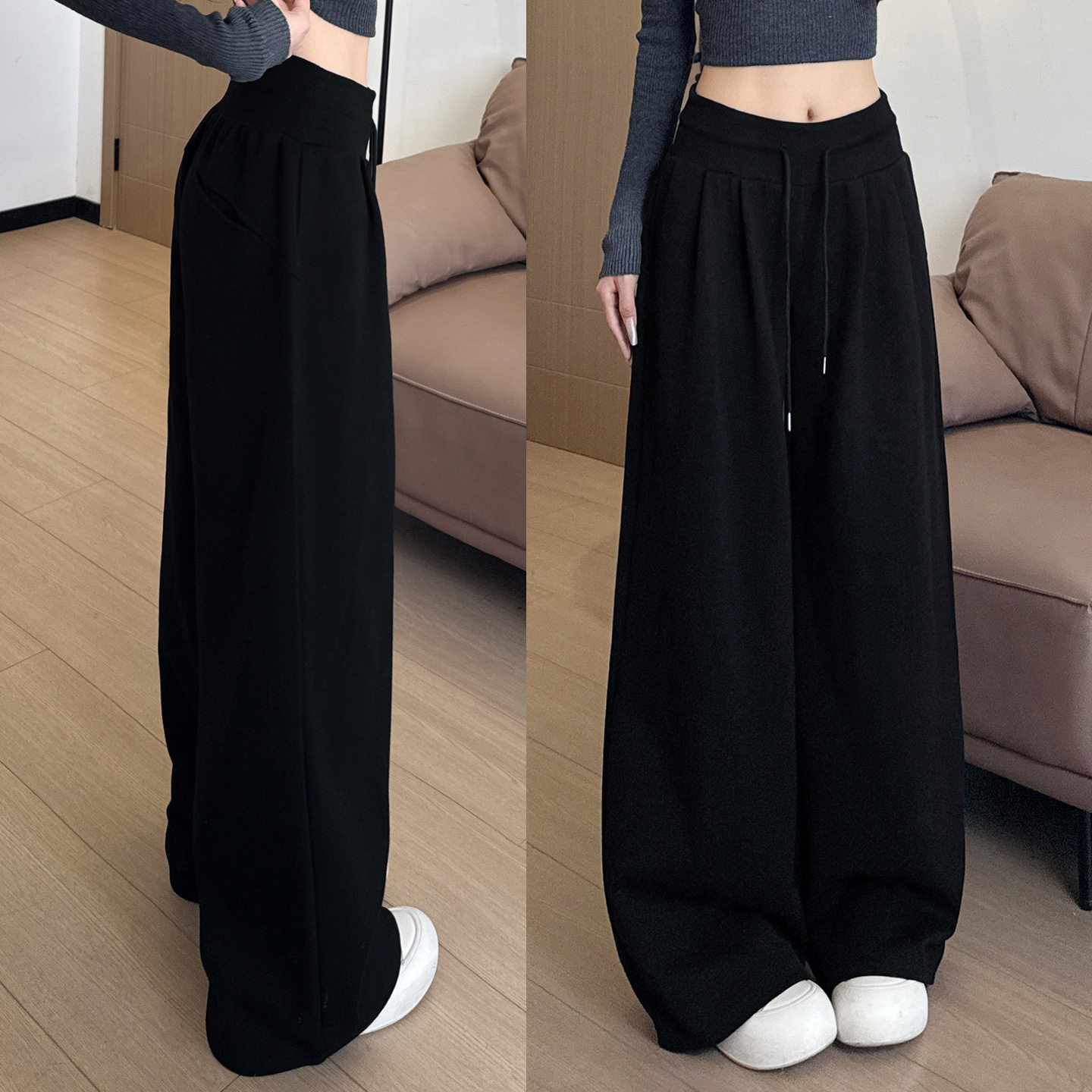 美式运动裤女秋新款低腰直筒黑色加绒裤子宽松慵懒休闲阔腿裤