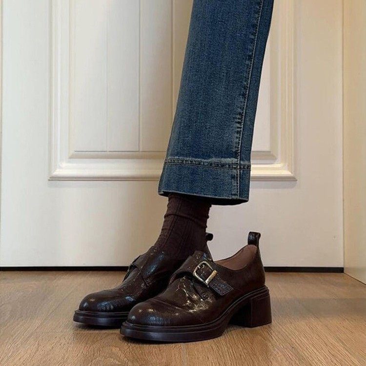 软皮版~复古皮带扣乐福鞋女简约通勤粗跟单鞋一脚蹬英伦风小皮鞋,女鞋,乐福鞋（豆豆鞋）,淘宝优惠券,粉丝福利购,淘宝优惠卷