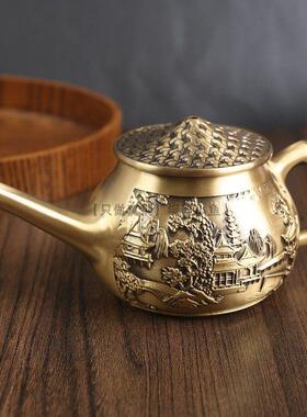 全黄铜山水楼阁长嘴斗笠渔翁茶壶纯铜精美茶具茶柜装饰摆件鱼翁壶