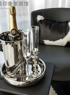 现代轻奢样板房水吧台茶几不锈钢托 托盘冰桶香槟杯饭厅组合摆件
