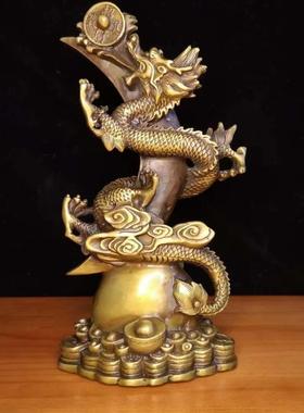 纯铜龙摆件天上飞龙龙柱五爪绿龙玩珠龙形桌面摆件动物入口礼品