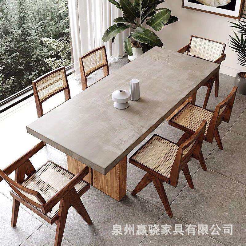 美式实木餐桌仿水泥色原木餐厅民宿吃饭桌子设计师简约洽谈会议桌