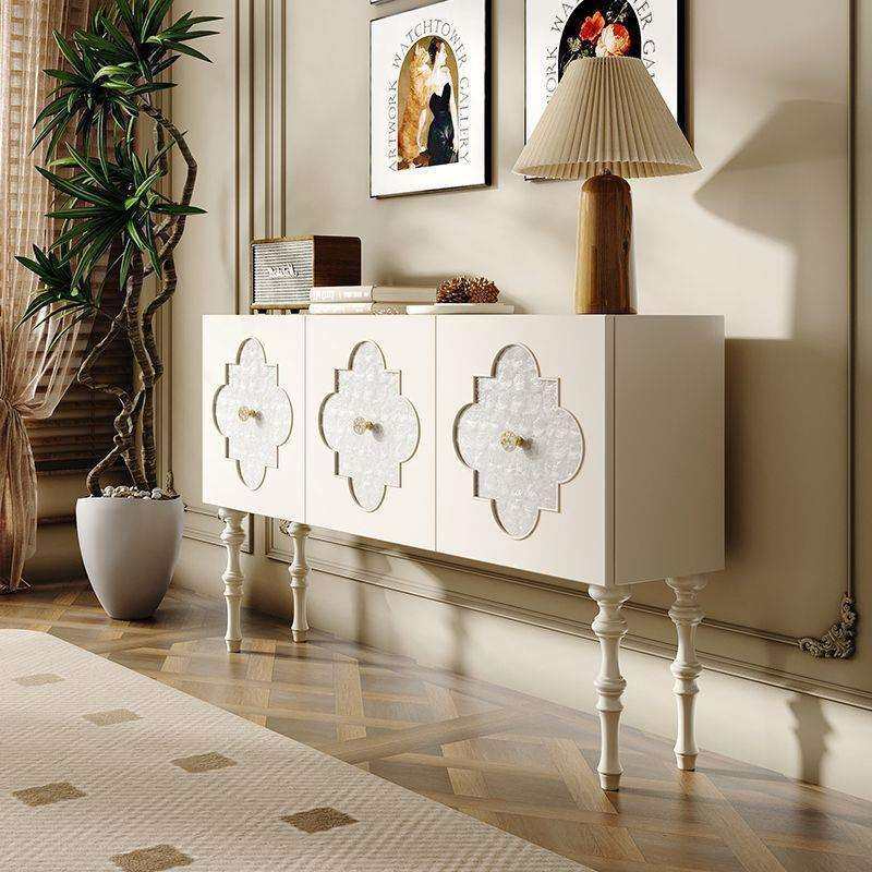 法式轻奢餐边柜欧式柜子客厅复古网红玄关柜白色电视柜贝壳美式g^