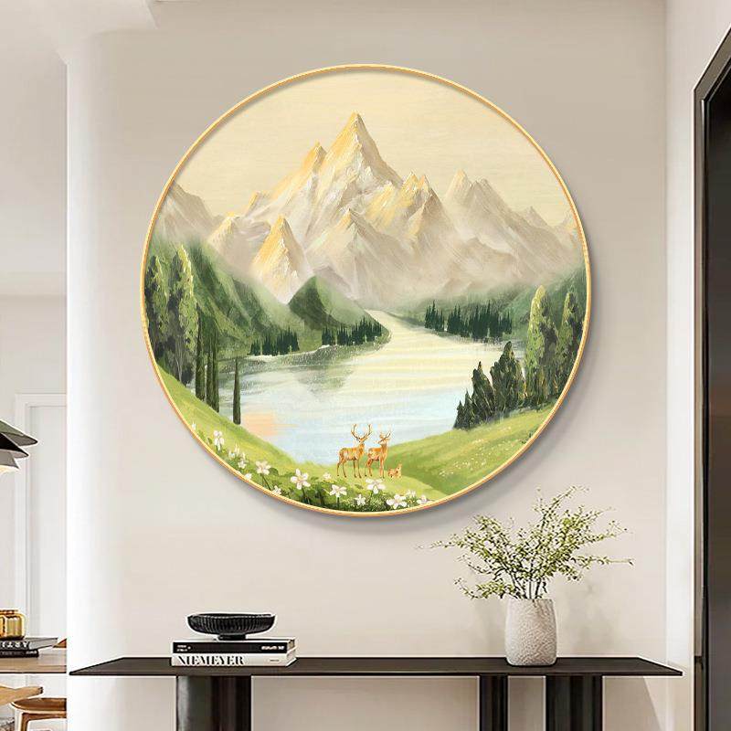 聚宝盆入户玄关装饰画日照金山圆形壁画山水风景客厅走廊过道挂画