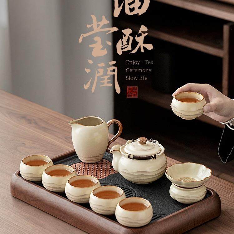 水墨年轻人汝窑茶具套装家用轻奢陶瓷泡茶壶茶杯茶盘2025新款