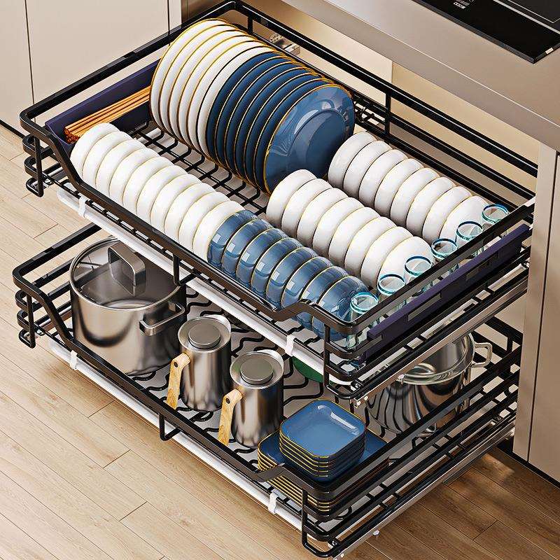 家用帝米尼拉篮厨房橱柜双层抽屉式碗架304不锈钢厨柜碗篮收纳