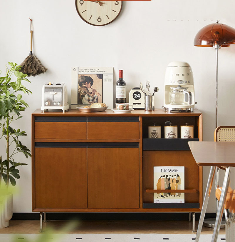 北欧实木餐边柜客厅多功能不锈钢茶水柜小户型复古靠墙收纳储物
