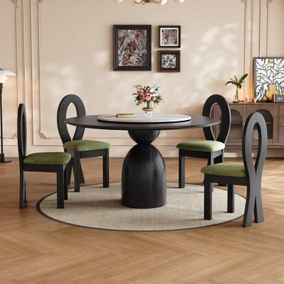 法式实木餐桌椅组合家用小户型带转盘高端中古风白蜡木实木圆桌子