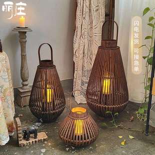 唐宋风梨型落地竹编风灯手工编织灯笼摆件温泉水疗度假区烛台装饰