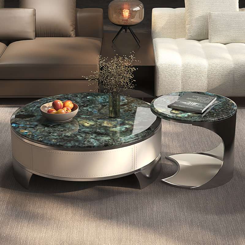 天然超晶石大理石茶几客厅家用意式轻奢圆形大小组合茶几2024新款