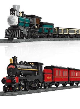 杰星59001蒸汽火车玩具59002火车轨道儿童拼装积木怀旧汽车玩具
