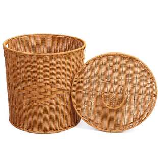 仿藤编带盖圆形收纳桶客厅玩具杂物收纳篮卧室衣服收纳筐脏衣篓