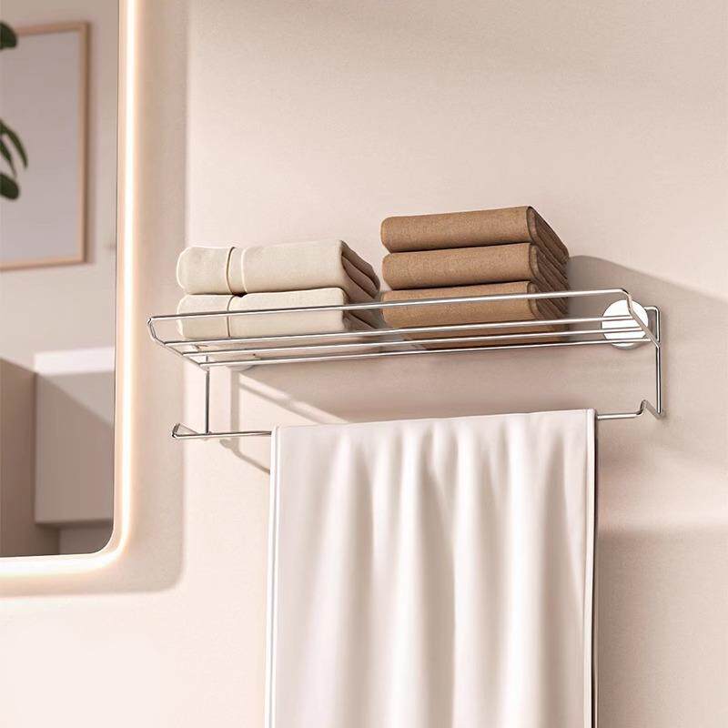 不锈钢吸盘毛巾架免打孔化妆室置物架厕所浴巾收纳层架洗手间毛巾