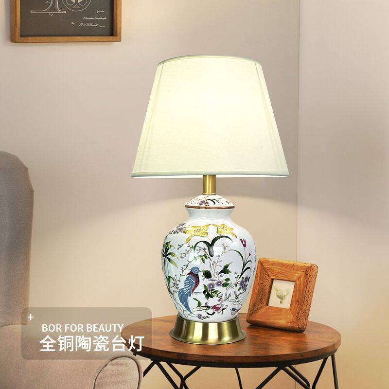 美式乡村全铜花鸟陶瓷台灯客厅沙发角几家用装饰灯卧室床头花瓶灯