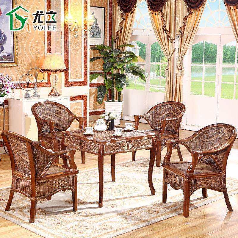 阳台真藤编藤条桌椅实木藤艺休闲会客洽谈藤椅茶几五件套件组合