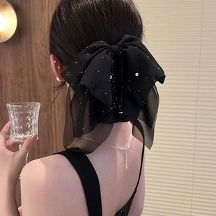 满天星网纱蝴蝶结飘带抓夹女高级感黑色发夹扎马尾夹子头饰鲨鱼夹