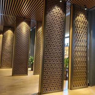 仿古铜金属雕花镂空隔断花格装 酒店大堂壁画铝板浮雕金属屏风 饰