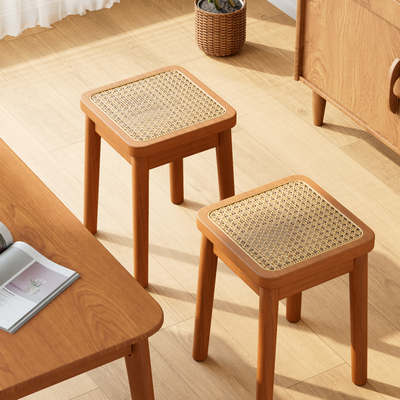 实木藤编凳子原木风小方凳