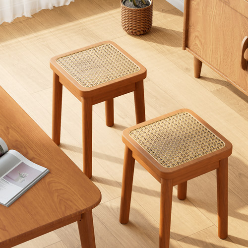 实木藤编凳子原木风小方凳