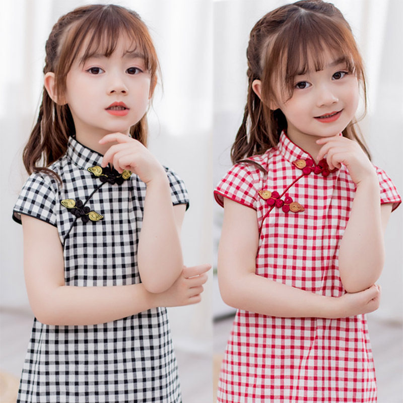 儿童旗袍表演服2023新款女童中国风唐装学生复古民族风格子连衣裙