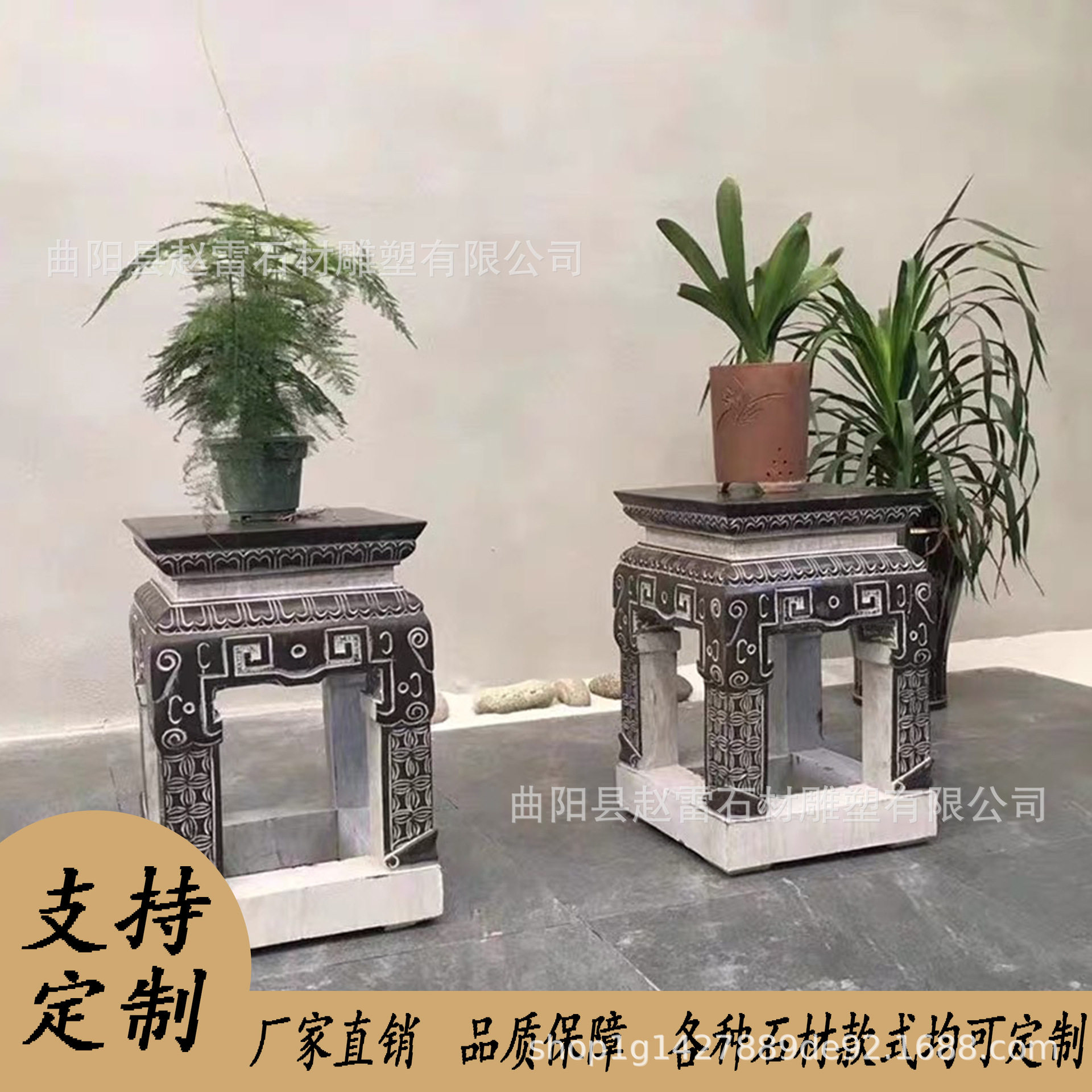 石雕青石室内庭院花盆仿古做旧别墅客厅盆景摆件