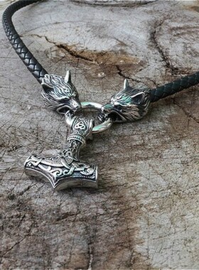 极速Nordic Viking Mojolnir Hammer Pendant Wolf Head Leather