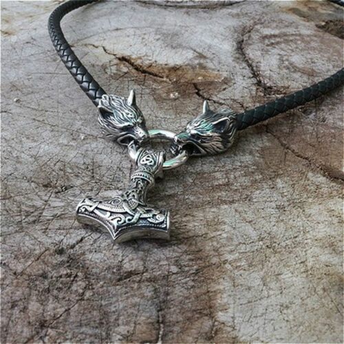 极速Nordic Viking Mojolnir Hammer Pendant Wolf Head Leather