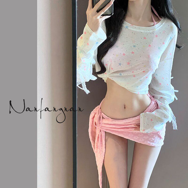 新品2025夏新款比基尼三件套海边度假拍照出片小众绑带Y罩衫泳装