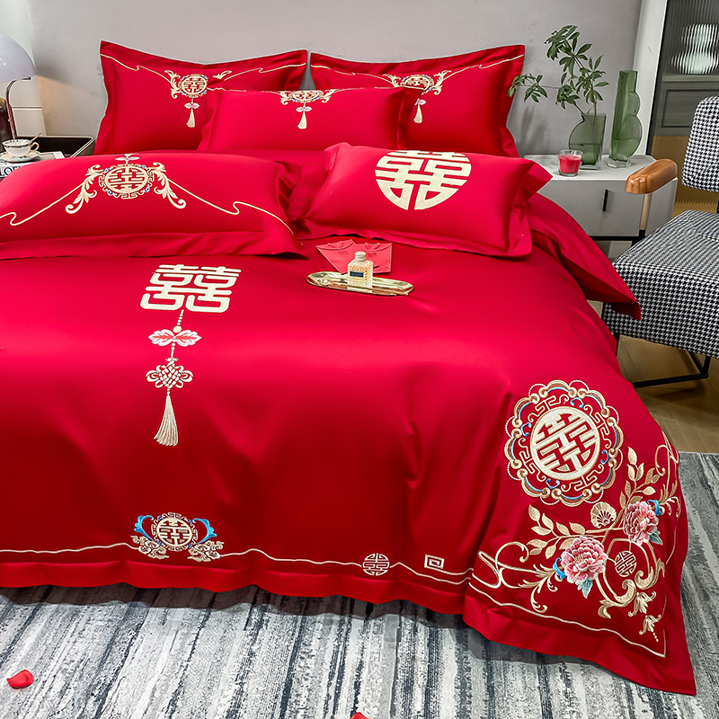 极速正红140支全棉婚p庆四件套纯棉被套100长绒棉结婚床单中式喜