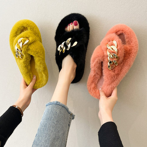 极速Large size autumn and winter chain wool slippers Yindoor