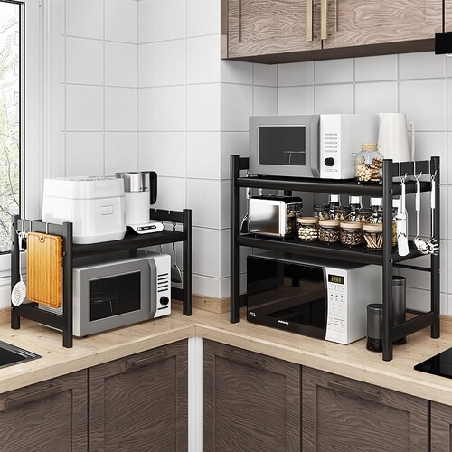 速发可伸缩厨房置物架微波炉烤箱架子家用双层台面桌面电饭锅收纳