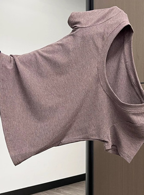 紫色韩系低圆领正肩短袖T恤女夏季2025年新款修身U领打底内搭上衣