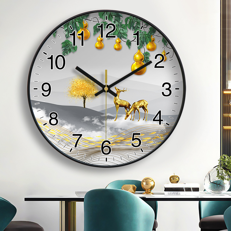 挂钟钟表简约家用客厅装饰画福禄双全寓意好免打孔时钟挂表石英钟