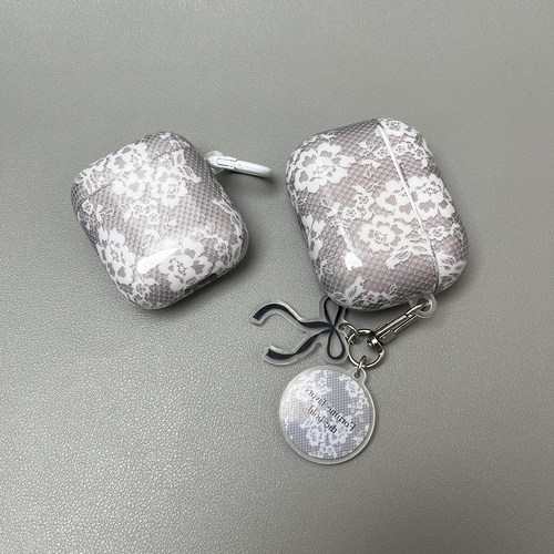 ins风韩系灰底白蕾丝花适用苹果AirPods5代苹果Pro3无线蓝牙耳机套AirPods4代软壳AirPodspro2防摔耳机盒女