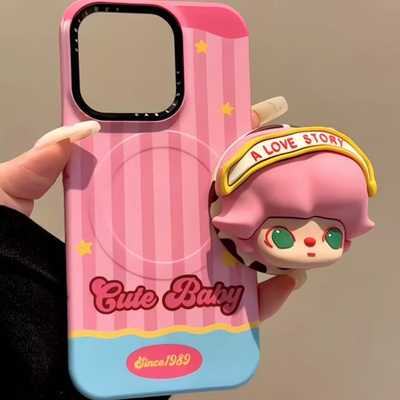 可爱卡通粉条纹拼蓝立体粉发dimoo磁吸支架适用苹果iphone16promax壳15promax菲林14pro防摔13保护套16p