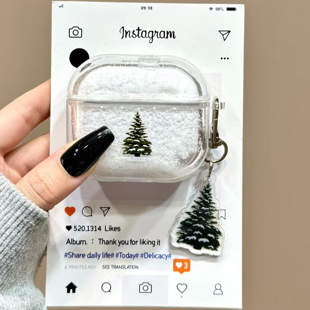 冬日流沙闪粉雪松下雪适用于AirPods3保护套AirPods第四代苹果airpods1/2代pro无线蓝牙耳机套保护壳防摔软