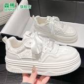 百搭休闲增高板鞋 森马女鞋 子 2026新款 春季 国风刺绣厚底小白鞋 女款